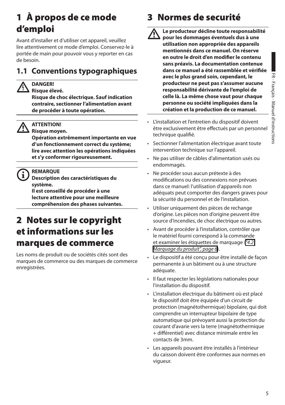 1 à propos de ce mode d’emploi, 1 conventions typographiques, 3 normes de securité | Videotec VERSO POLAR User Manual | Page 35 / 60