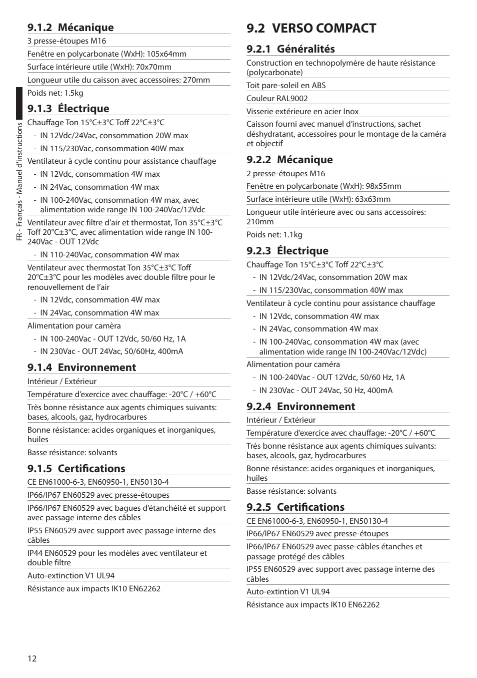 2 mécanique, 3 électrique, 4 environnement | 5 certifications, 2 verso compact, 1 généralités | Videotec VERSO POLAR User Manual | Page 42 / 60