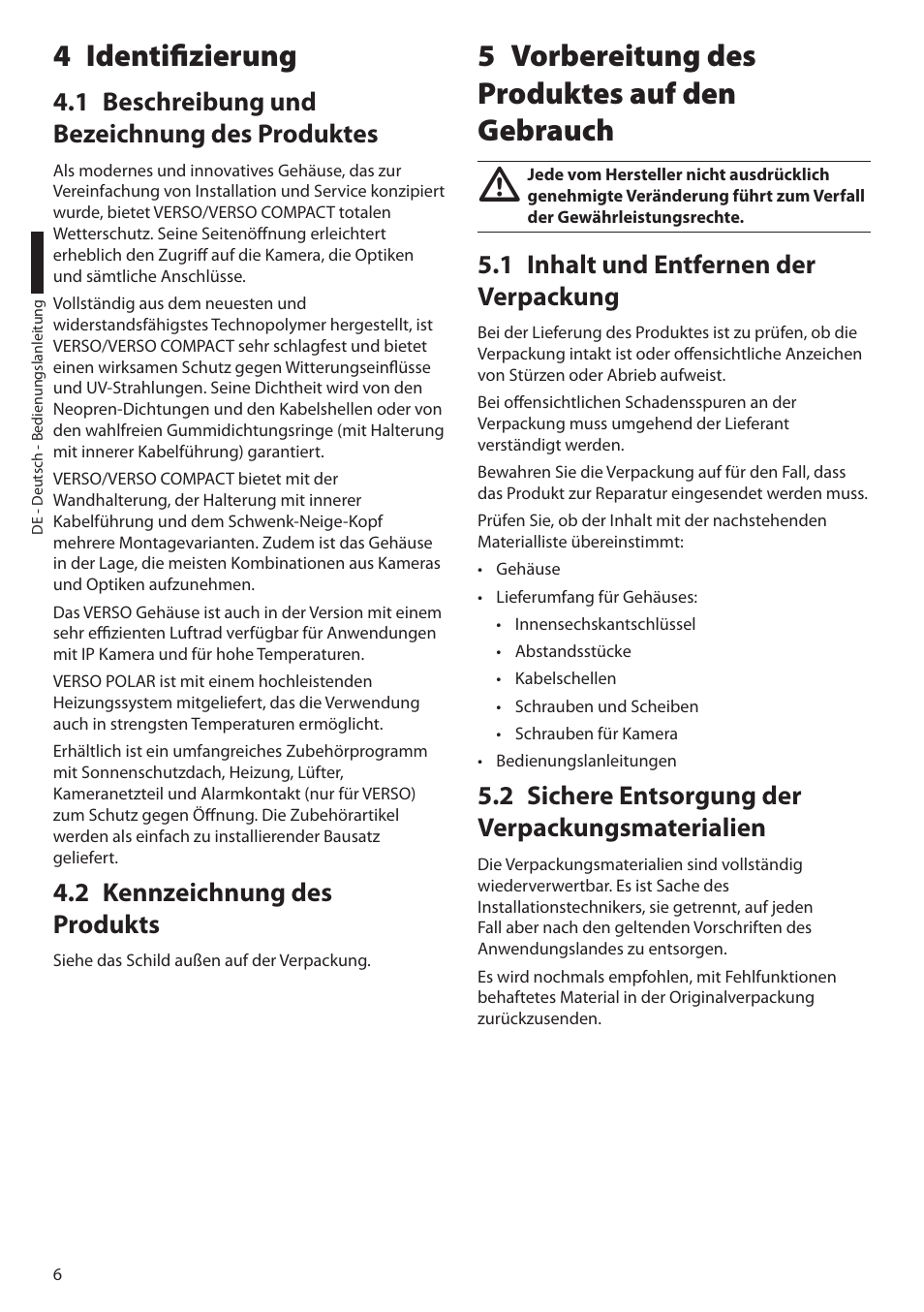 4 identifizierung, 1 beschreibung und bezeichnung des produktes, 2 kennzeichnung des produkts | 5 vorbereitung des produktes auf den gebrauch, 1 inhalt und entfernen der verpackung, 2 sichere entsorgung der verpackungsmaterialien | Videotec VERSO POLAR User Manual | Page 50 / 60