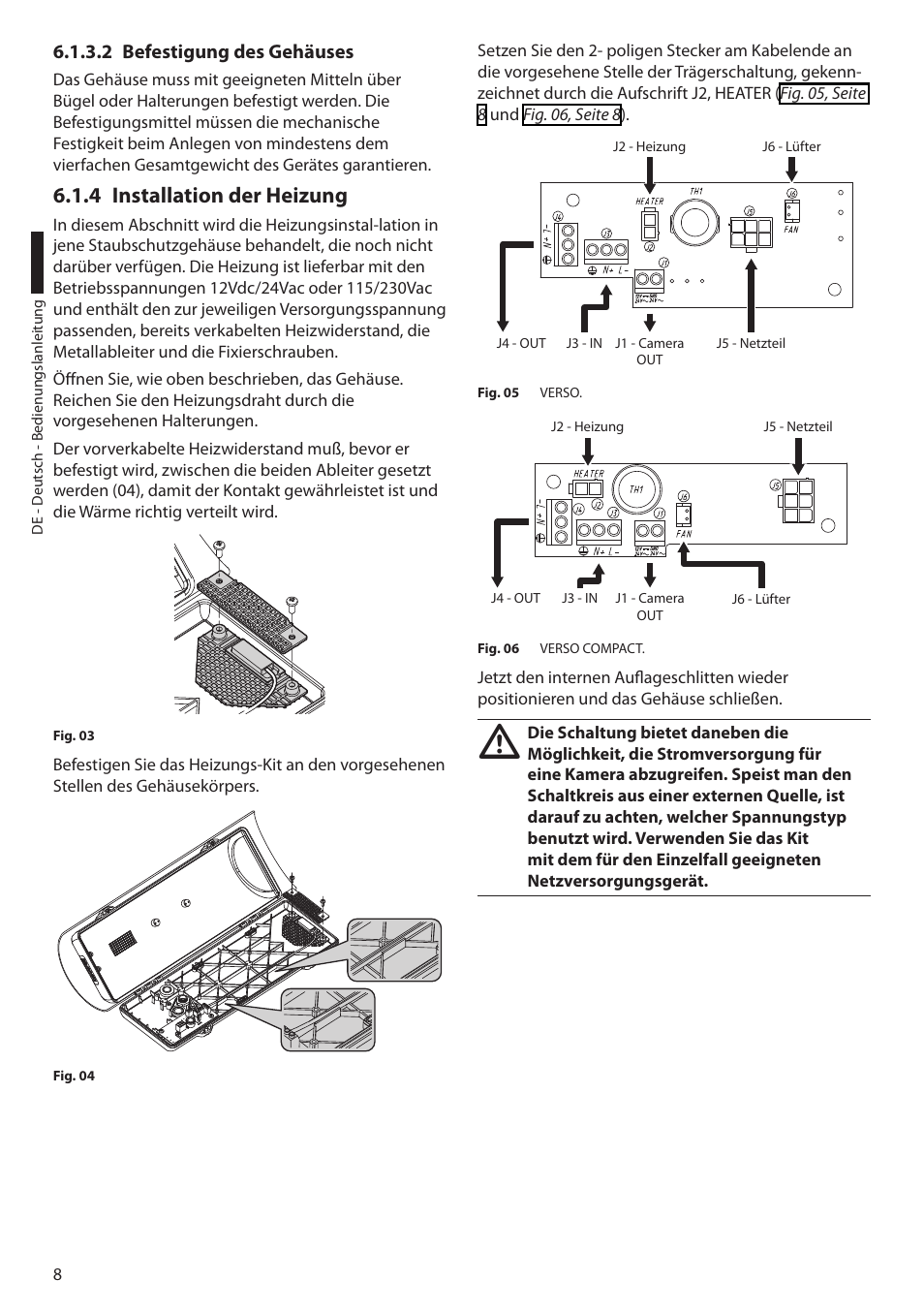 2 befestigung des gehäuses, 4 installation der heizung | Videotec VERSO POLAR User Manual | Page 52 / 60