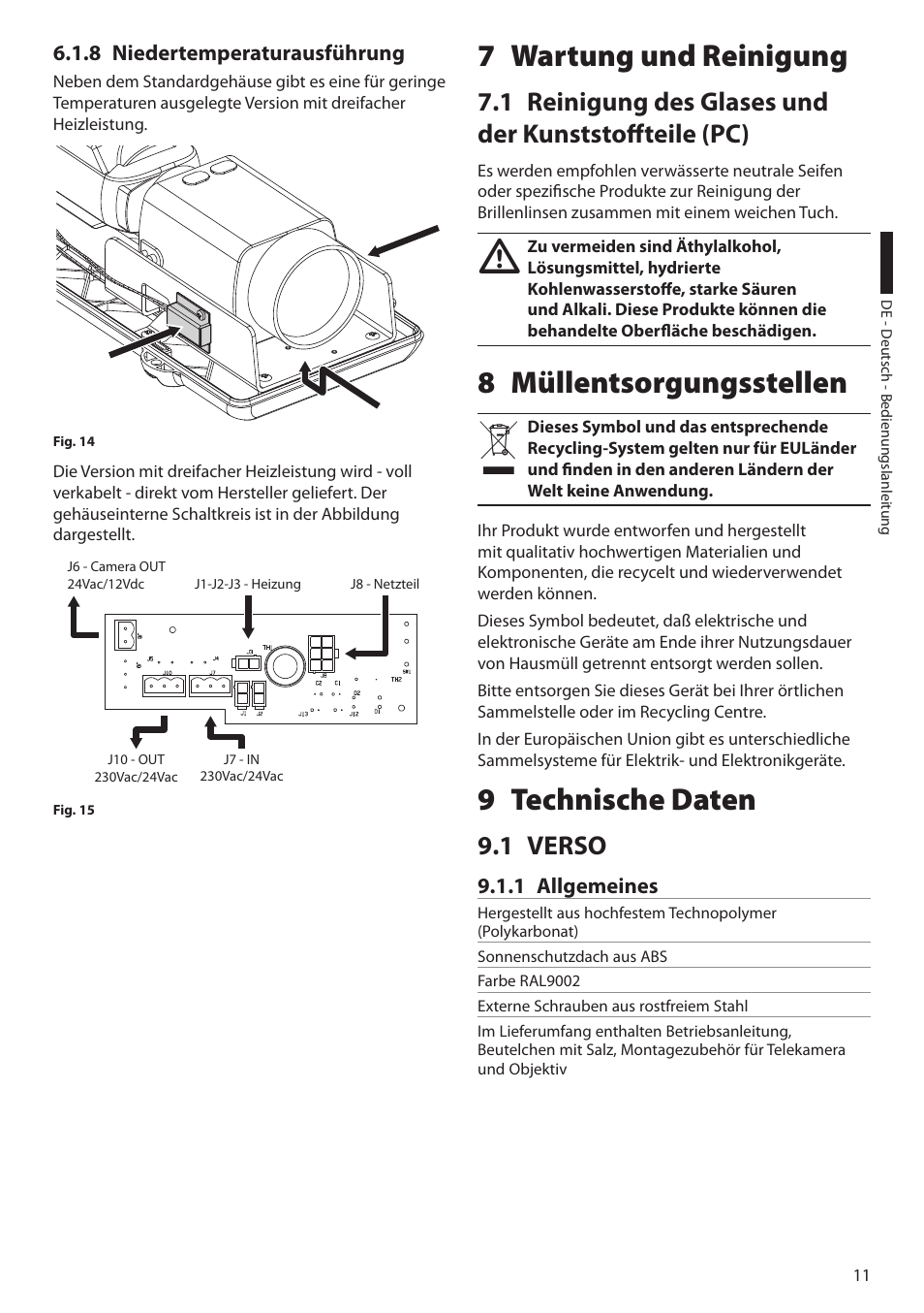 8 niedertemperaturausführung, 7 wartung und reinigung, 8 müllentsorgungsstellen | 9 technische daten, 1 verso, 1 allgemeines, 8 müllentsorgungsstellen 9 technische daten | Videotec VERSO POLAR User Manual | Page 55 / 60
