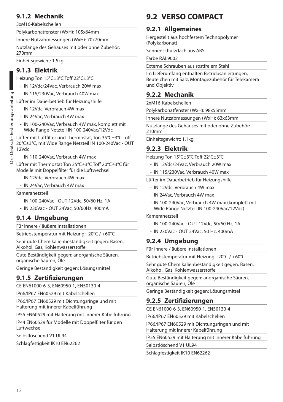2 mechanik, 3 elektrik, 4 umgebung | 5 zertifizierungen, 2 verso compact, 1 allgemeines | Videotec VERSO POLAR User Manual | Page 56 / 60