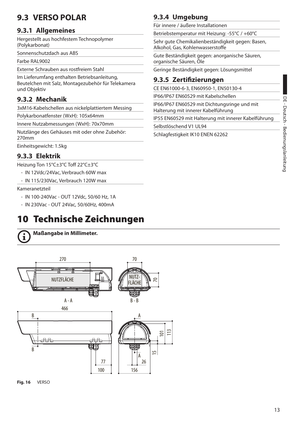 3 verso polar, 1 allgemeines, 2 mechanik | 3 elektrik, 4 umgebung, 5 zertifizierungen, 10 technische zeichnungen, 1 allgemeines 9.3.2 mechanik | Videotec VERSO POLAR User Manual | Page 57 / 60