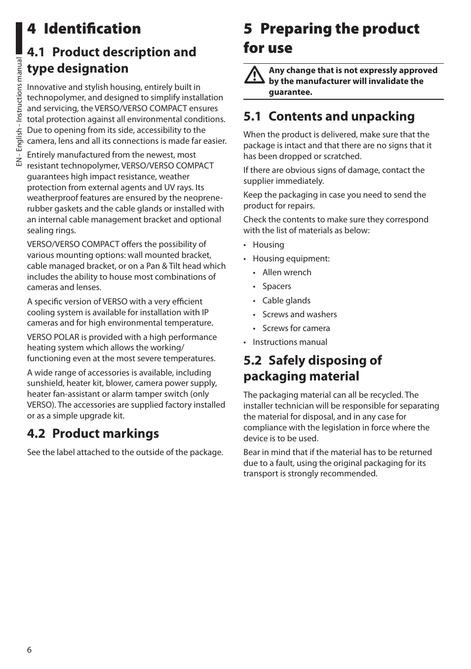 4 identification, 1 product description and type designation, 2 product markings | 5 preparing the product for use, 1 contents and unpacking, 2 safely disposing of packaging material | Videotec VERSO POLAR User Manual | Page 8 / 60
