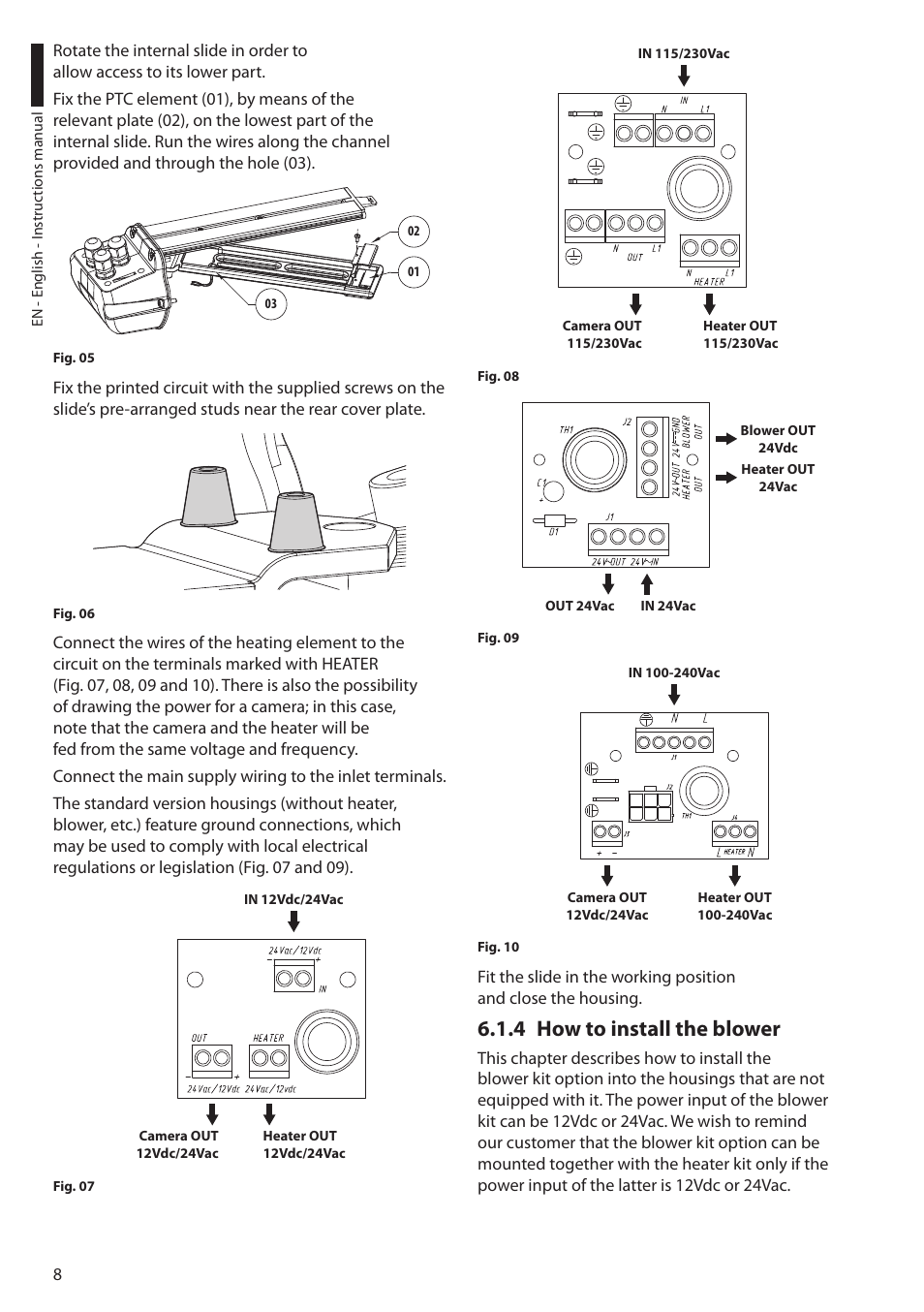 4 how to install the blower, How to install the blower 6.1.4 | Videotec HEK User Manual | Page 10 / 52
