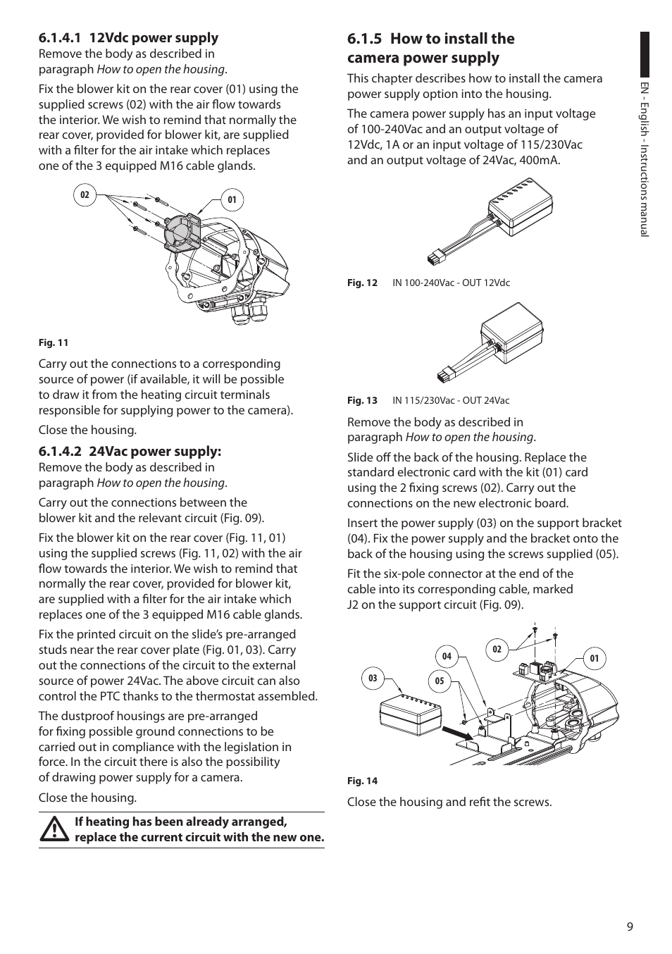 1 12vdc power supply, 2 24vac power supply, 5 how to install the camera power supply | 1 12vdc power supply 6.1.4.2 24vac power supply, How to install the 6.1.5 camera power supply | Videotec HEK User Manual | Page 11 / 52