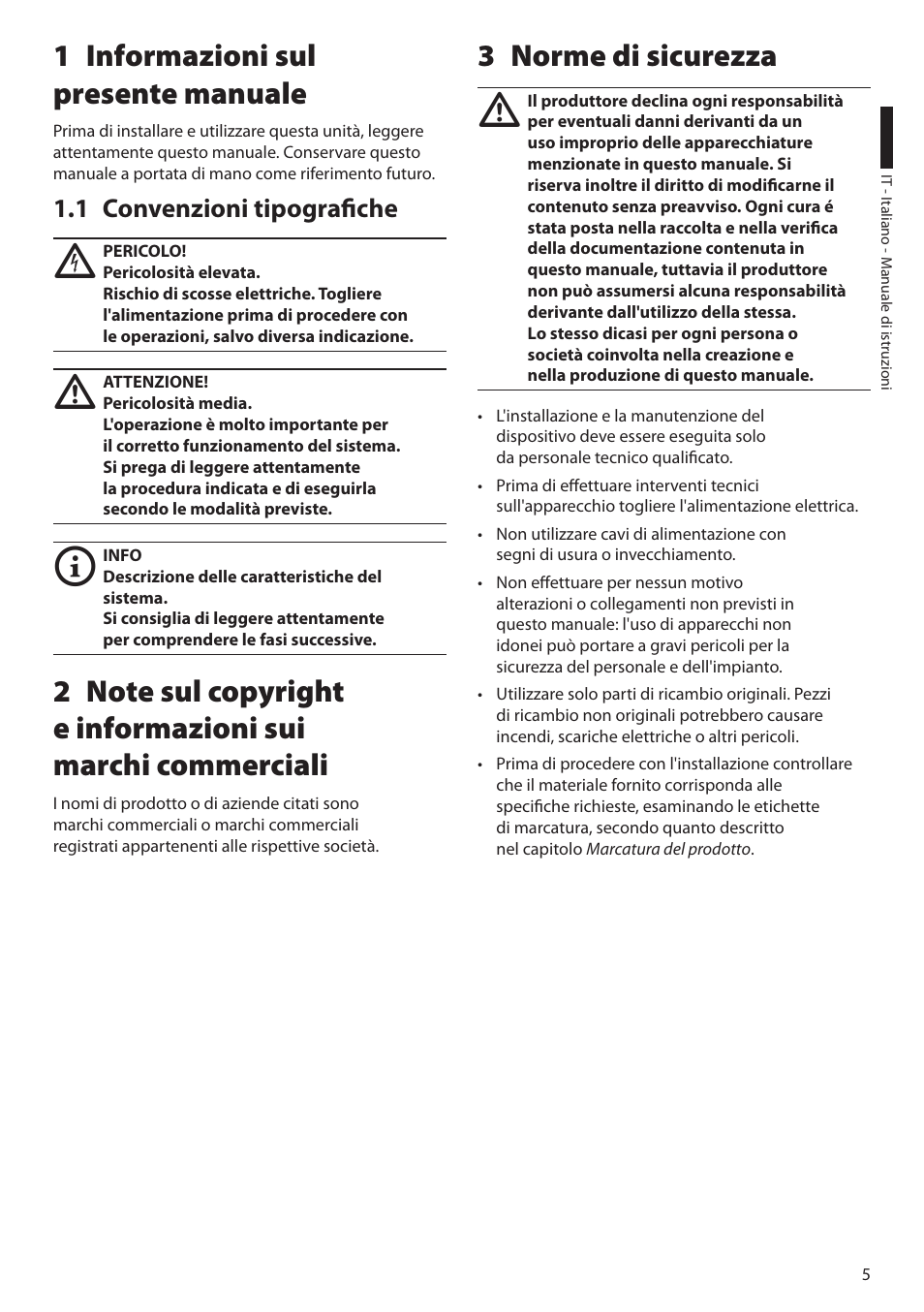 1 informazioni sul presente manuale, 1 convenzioni tipografiche, 3 norme di sicurezza | Informazioni sul 1 presente manuale, Norme di sicurezza 3 | Videotec HEK User Manual | Page 19 / 52
