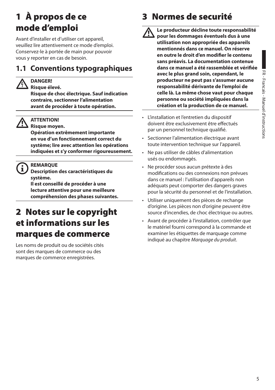 1 à propos de ce mode d’emploi, 1 conventions typographiques, 3 normes de securité | À propos de ce 1 mode d’emploi, Normes de securité 3 | Videotec HEK User Manual | Page 31 / 52
