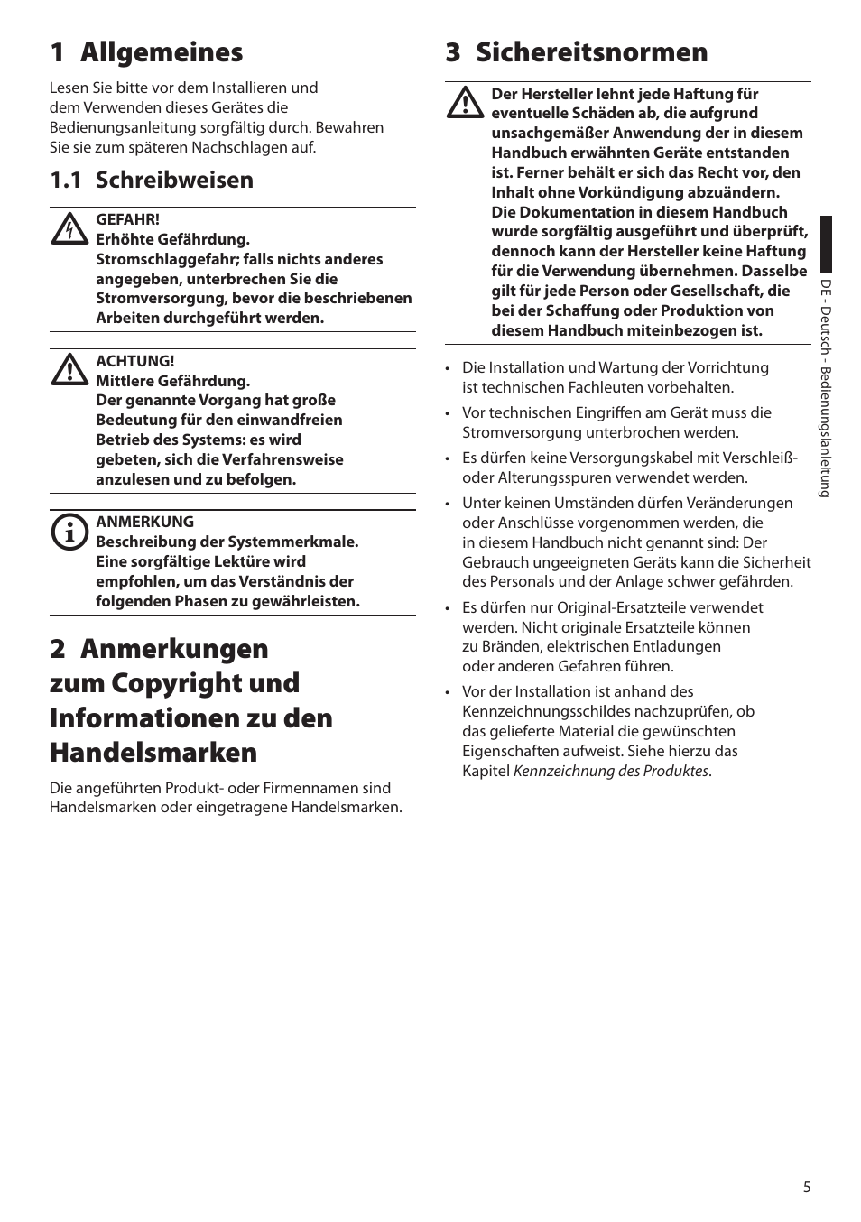 1 allgemeines, 1 schreibweisen, 3 sichereitsnormen | Allgemeines 1, Sichereitsnormen 3 | Videotec HEK User Manual | Page 43 / 52