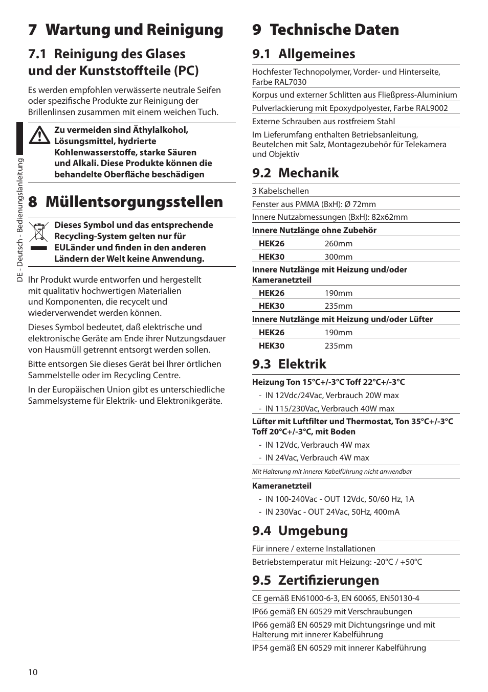 7 wartung und reinigung, 8 müllentsorgungsstellen, 9 technische daten | 1 allgemeines, 2 mechanik, 3 elektrik, 4 umgebung, 5 zertifizierungen, 8 müllentsorgungsstellen 9 technische daten, Technische daten 9 | Videotec HEK User Manual | Page 48 / 52