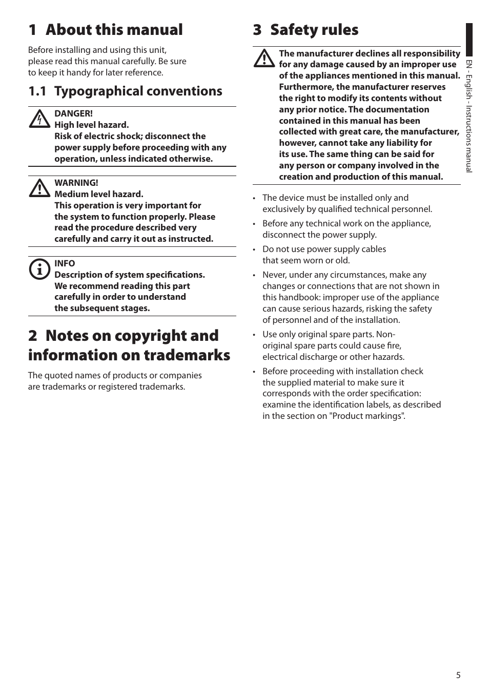 1 about this manual, 1 typographical conventions, 2 notes on copyright and information on trademarks | 3 safety rules, About this manual 1, Safety rules 3 | Videotec HEK User Manual | Page 7 / 52