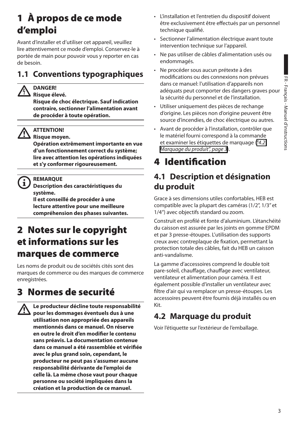 1 à propos de ce mode d’emploi, 1 conventions typographiques, 3 normes de securité | 4 identification, 1 description et désignation du produit, 2 marquage du produit | Videotec HEB User Manual | Page 21 / 36