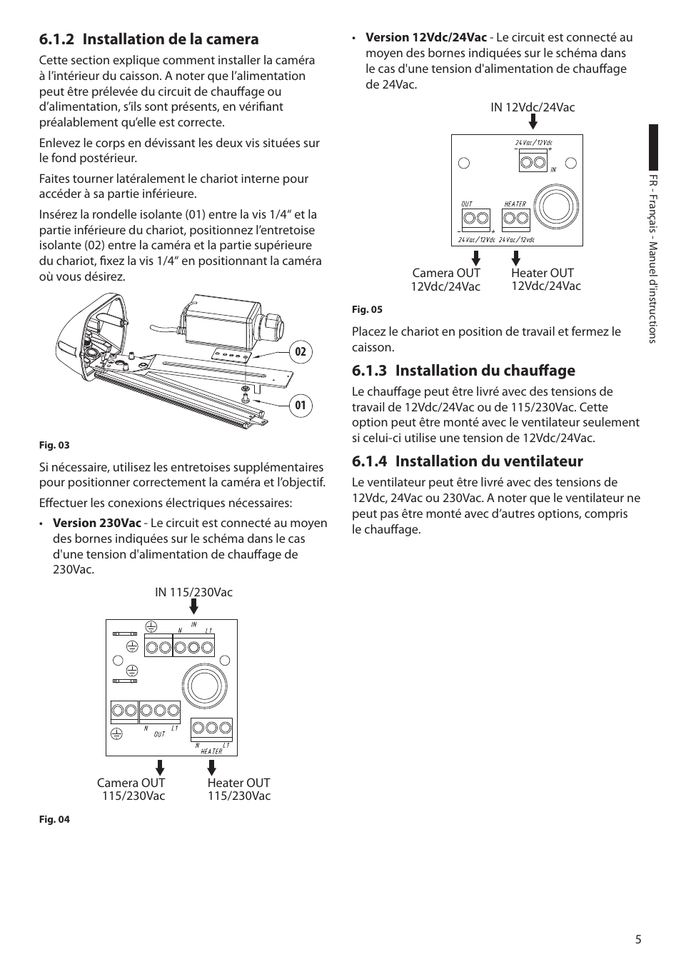2 installation de la camera, 3 installation du chauffage, 4 installation du ventilateur | Videotec HEB User Manual | Page 23 / 36