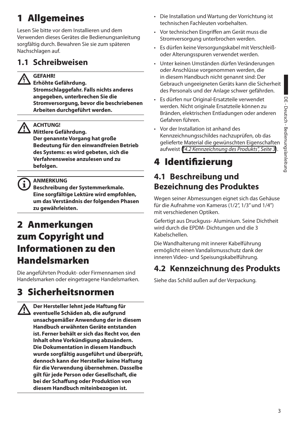 1 allgemeines, 1 schreibweisen, 3 sicherheitsnormen | 4 identifizierung, 1 beschreibung und bezeichnung des produktes, 2 kennzeichnung des produkts | Videotec HEB User Manual | Page 29 / 36