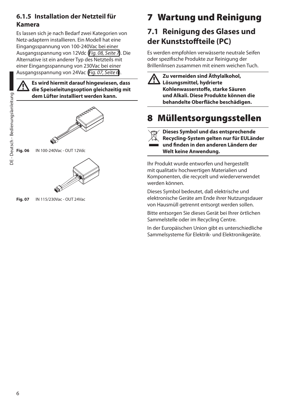 7 wartung und reinigung, 8 müllentsorgungsstellen | Videotec HEB User Manual | Page 32 / 36