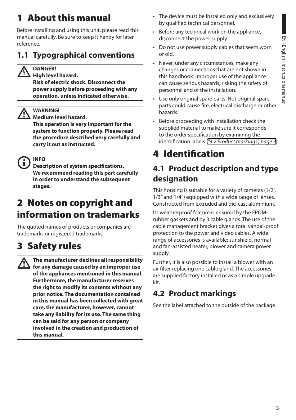 1 about this manual, 1 typographical conventions, 2 notes on copyright and information on trademarks | 3 safety rules, 4 identification, 1 product description and type designation, 2 product markings | Videotec HEB User Manual | Page 5 / 36