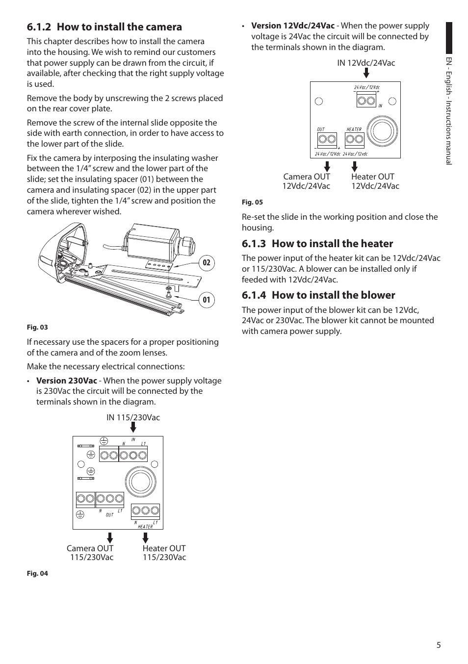 2 how to install the camera, 3 how to install the heater, 4 how to install the blower | Videotec HEB User Manual | Page 7 / 36