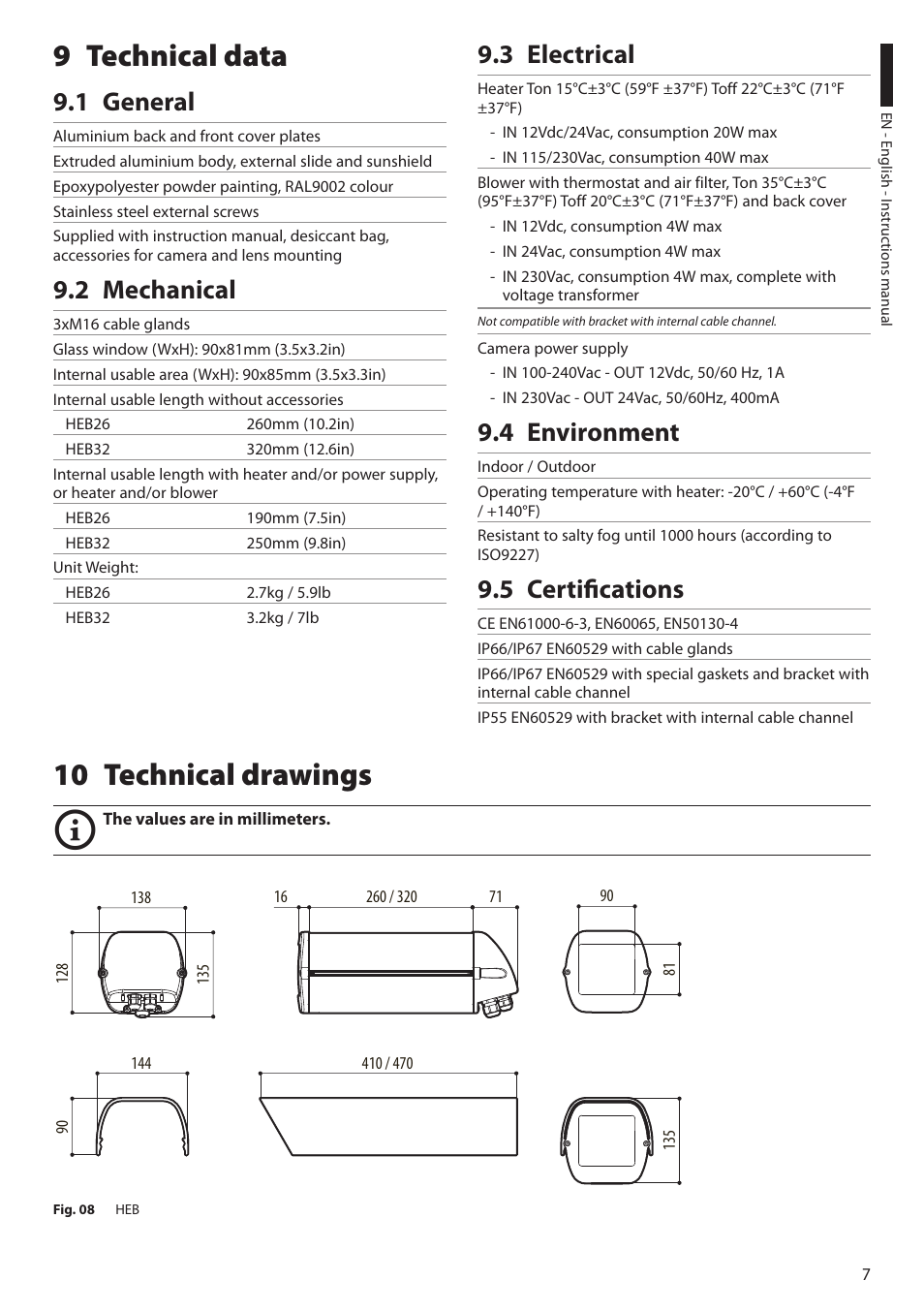 9 technical data, 1 general, 2 mechanical | 3 electrical, 4 environment, 5 certifications, 10 technical drawings | Videotec HEB User Manual | Page 9 / 36