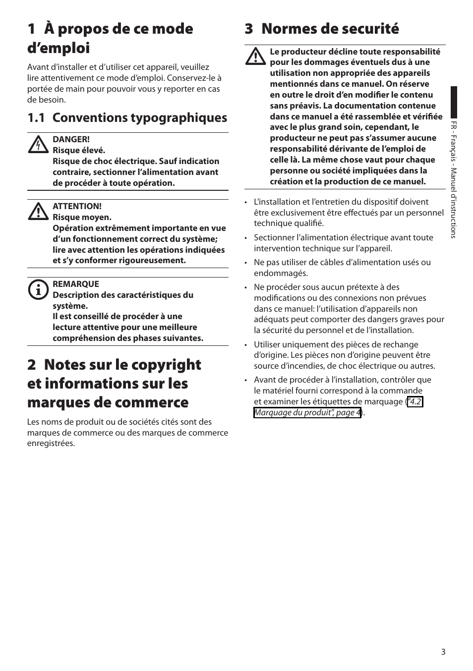 1 à propos de ce mode d’emploi, 1 conventions typographiques, 3 normes de securité | Videotec HEG User Manual | Page 25 / 44