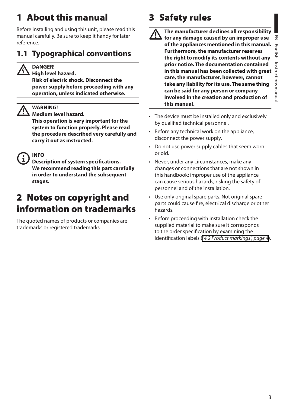 1 about this manual, 1 typographical conventions, 2 notes on copyright and information on trademarks | 3 safety rules | Videotec HEG User Manual | Page 5 / 44