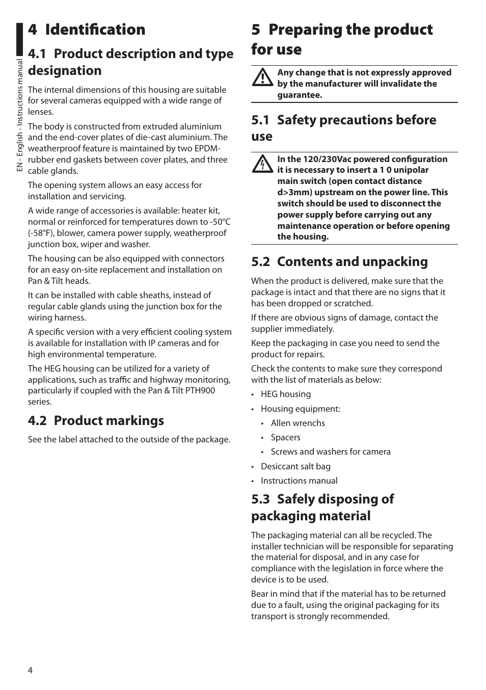 4 identification, 1 product description and type designation, 2 product markings | 5 preparing the product for use, 1 safety precautions before use, 2 contents and unpacking, 3 safely disposing of packaging material | Videotec HEG User Manual | Page 6 / 44