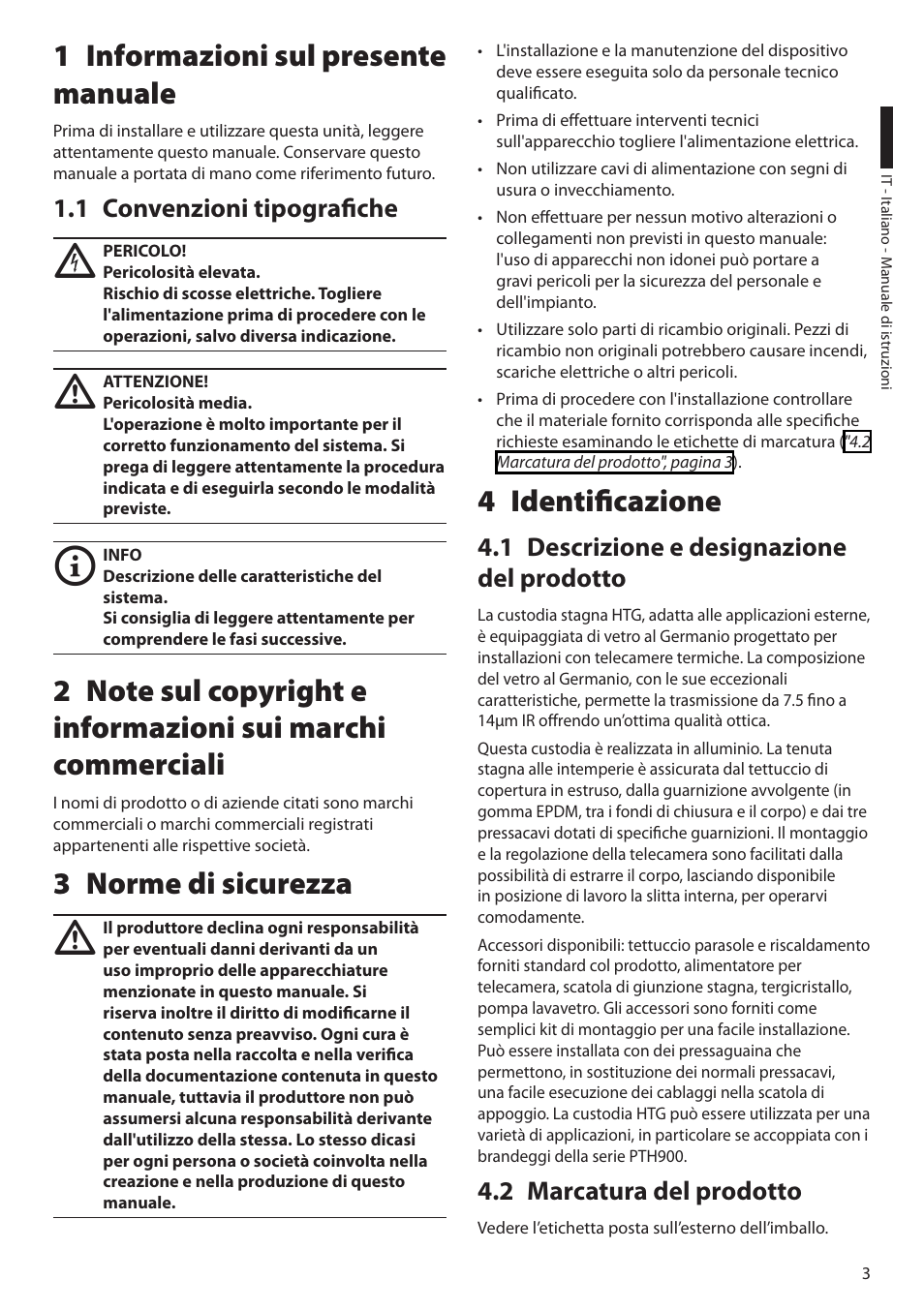 1 informazioni sul presente manuale, 1 convenzioni tipografiche, 3 norme di sicurezza | 4 identificazione, 1 descrizione e designazione del prodotto, 2 marcatura del prodotto | Videotec HTG User Manual | Page 13 / 36