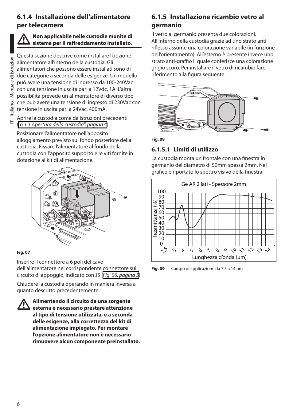 4 installazione dell’alimentatore per telecamera, 5 installazione ricambio vetro al germanio, 1 limiti di utilizzo | Videotec HTG User Manual | Page 16 / 36