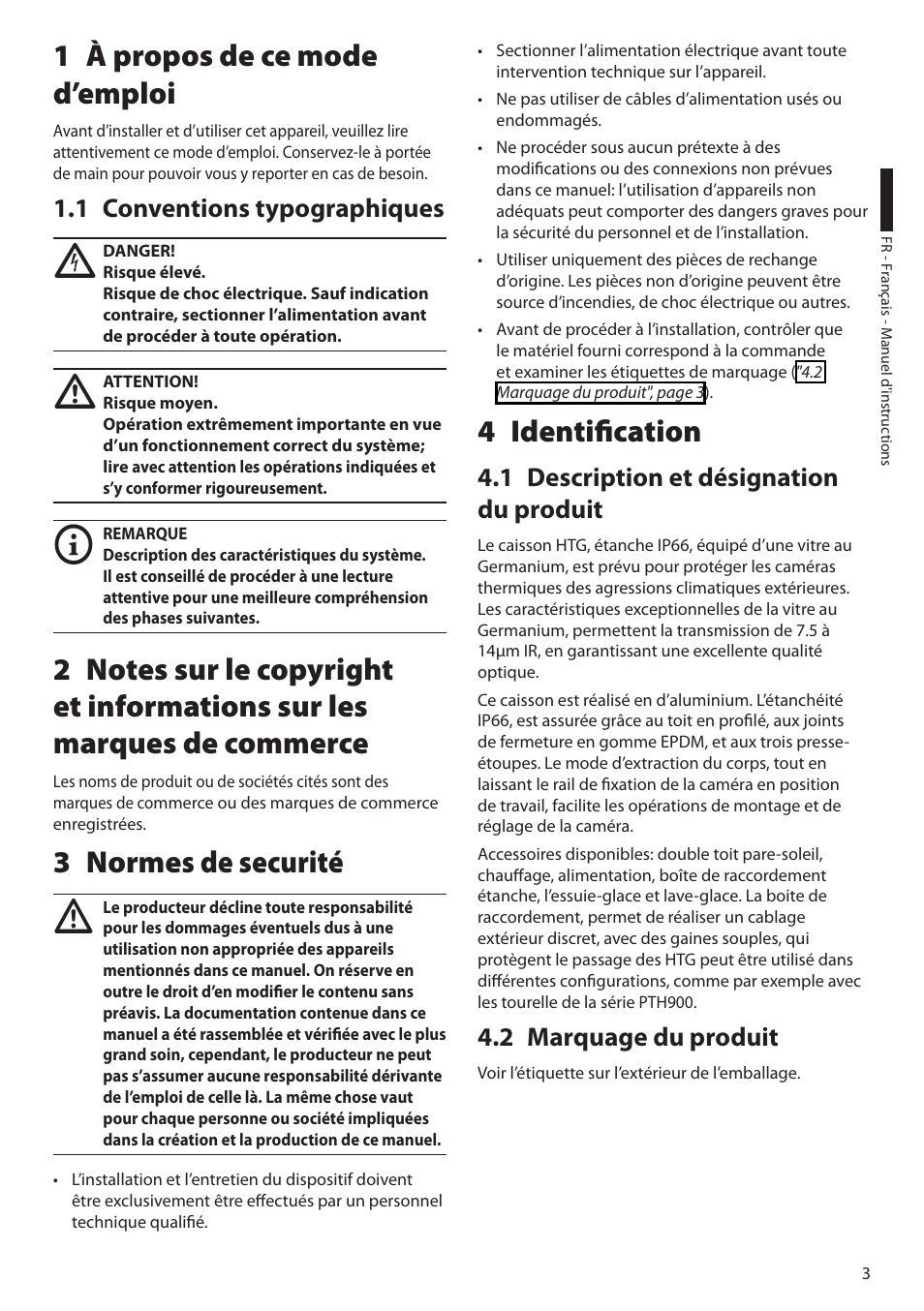 1 à propos de ce mode d’emploi, 1 conventions typographiques, 3 normes de securité | 4 identification, 1 description et désignation du produit, 2 marquage du produit | Videotec HTG User Manual | Page 21 / 36