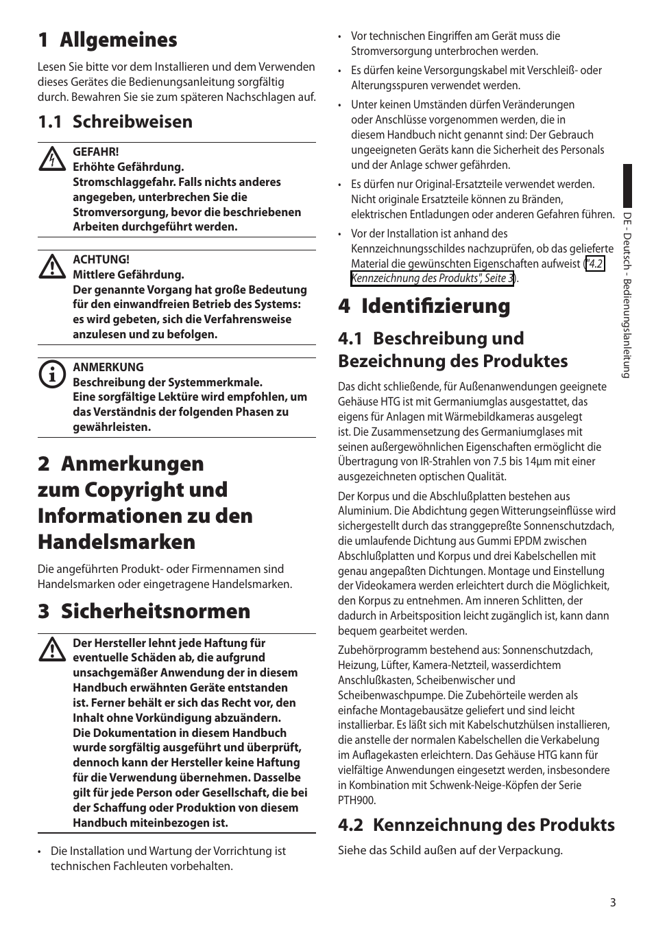 1 allgemeines, 1 schreibweisen, 3 sicherheitsnormen | 4 identifizierung, 1 beschreibung und bezeichnung des produktes, 2 kennzeichnung des produkts | Videotec HTG User Manual | Page 29 / 36