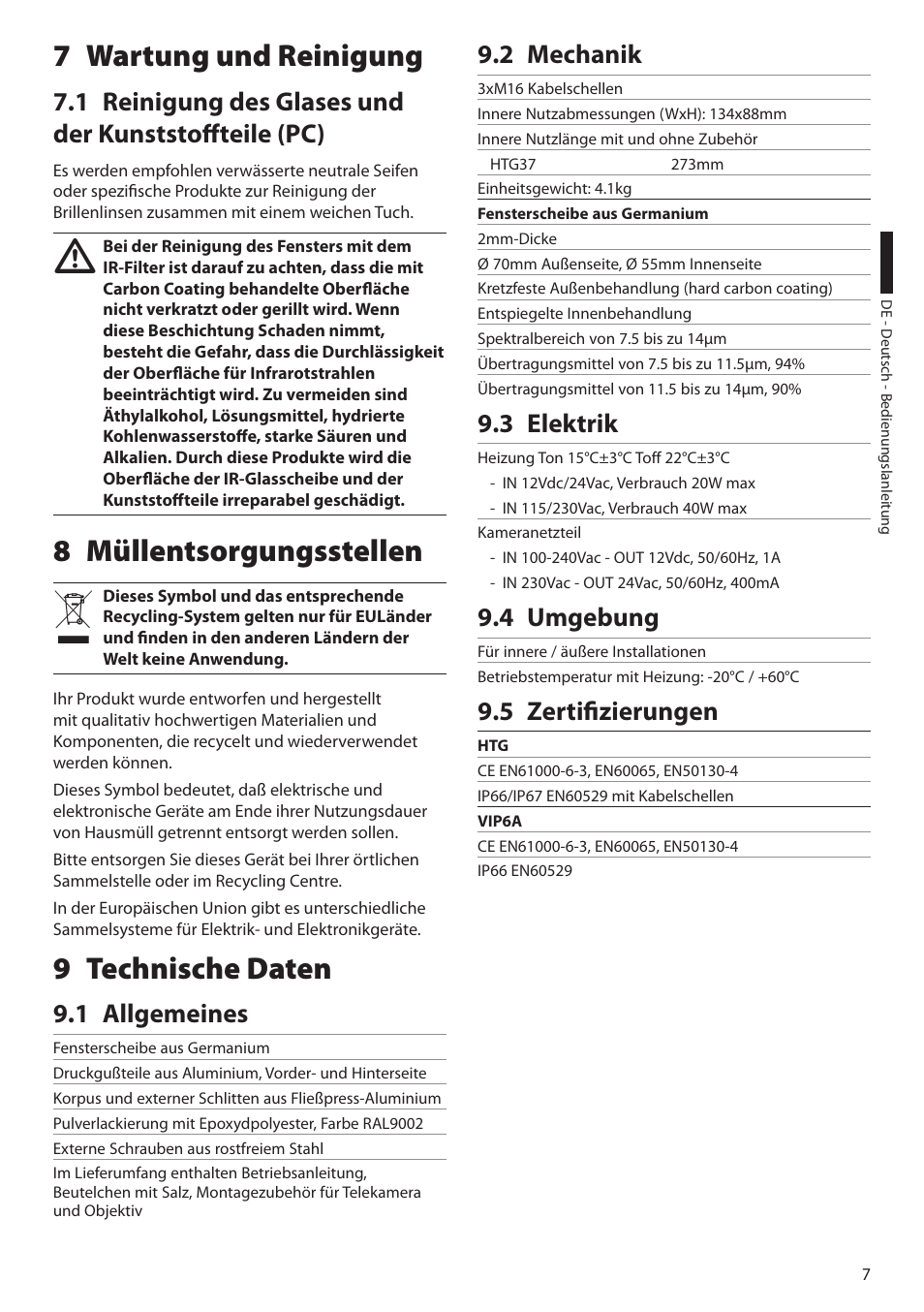 7 wartung und reinigung, 8 müllentsorgungsstellen, 9 technische daten | 1 allgemeines, 2 mechanik, 3 elektrik, 4 umgebung, 5 zertifizierungen, 8 müllentsorgungsstellen 9 technische daten | Videotec HTG User Manual | Page 33 / 36