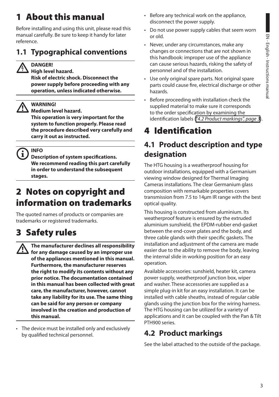 1 about this manual, 1 typographical conventions, 2 notes on copyright and information on trademarks | 3 safety rules, 4 identification, 1 product description and type designation, 2 product markings | Videotec HTG User Manual | Page 5 / 36