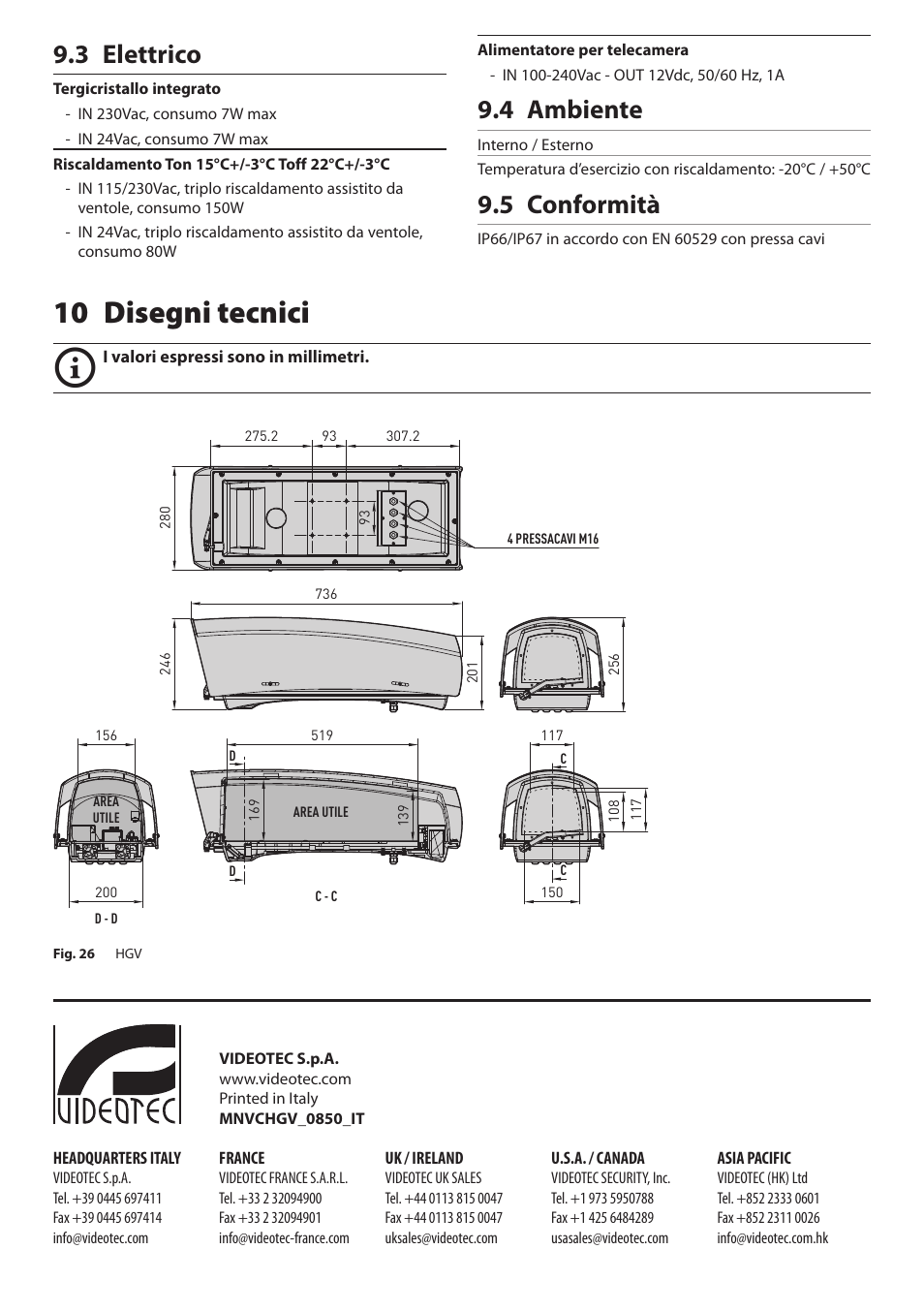 3 elettrico, 4 ambiente, 5 conformità | 10 disegni tecnici, 3 elettrico 9.4 ambiente 9.5 conformità | Videotec HGV User Manual | Page 22 / 44