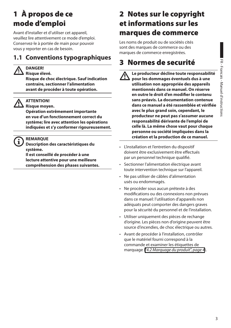 1 à propos de ce mode d’emploi, 1 conventions typographiques, 3 normes de securité | Videotec HGV User Manual | Page 25 / 44