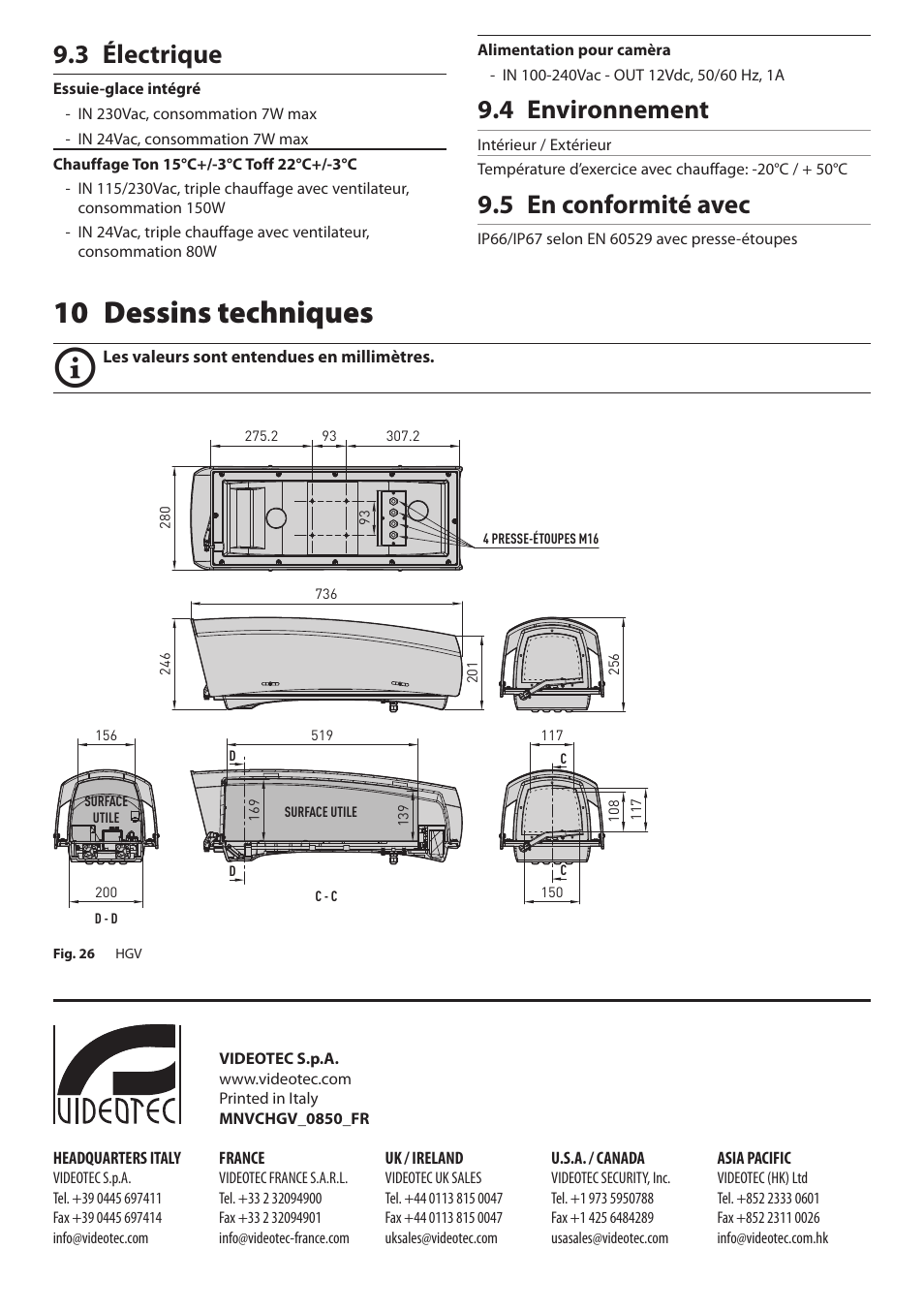 3 électrique, 4 environnement, 5 en conformité avec | 10 dessins techniques | Videotec HGV User Manual | Page 32 / 44