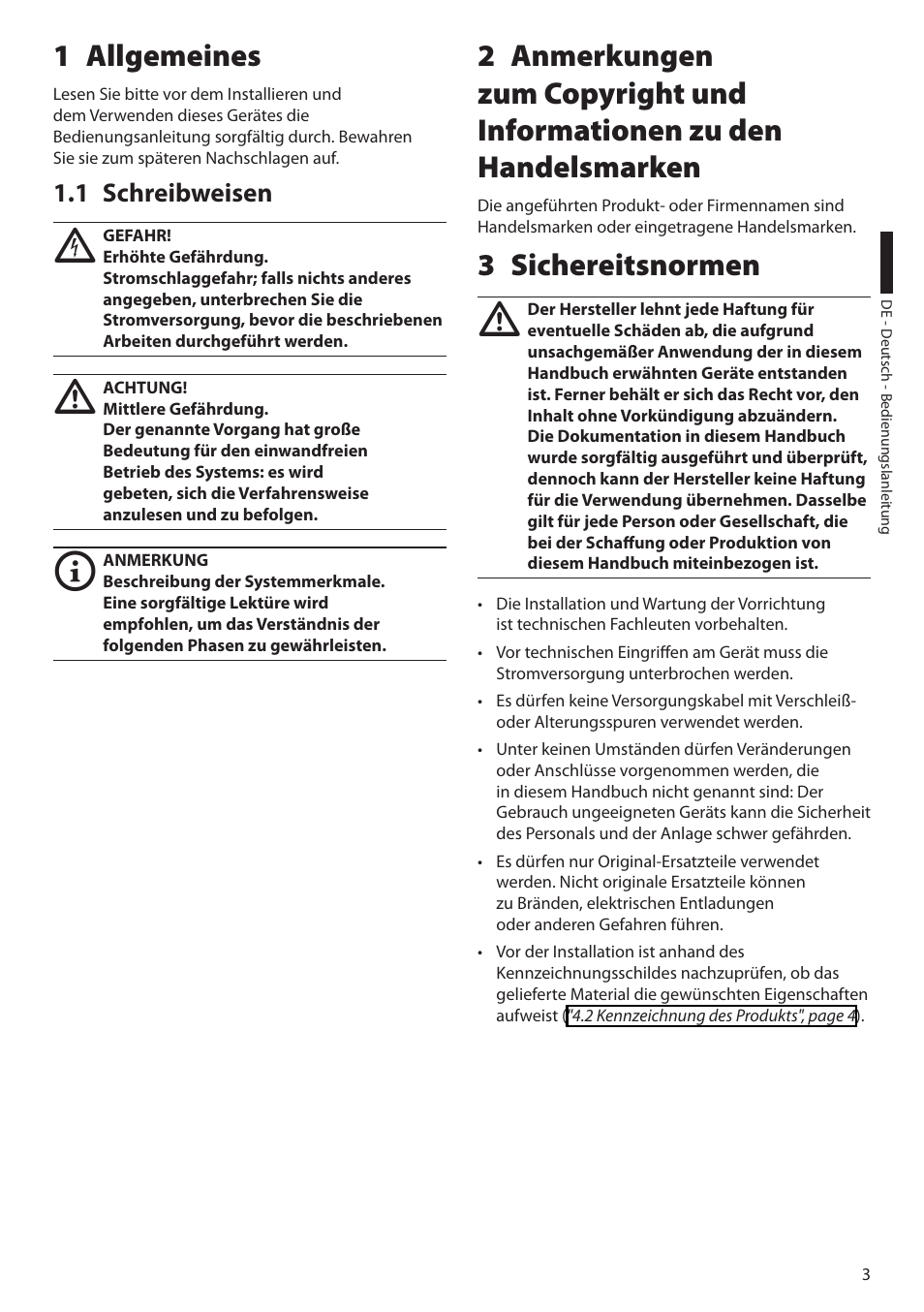 1 allgemeines, 1 schreibweisen, 3 sichereitsnormen | Videotec HGV User Manual | Page 35 / 44