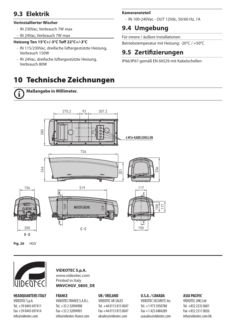 3 elektrik, 4 umgebung, 5 zertifizierungen | 10 technische zeichnungen, 3 elektrik 9.4 umgebung 9.5 zertifizierungen | Videotec HGV User Manual | Page 42 / 44