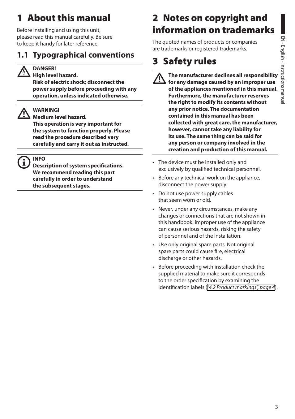 1 about this manual, 1 typographical conventions, 2 notes on copyright and information on trademarks | 3 safety rules | Videotec HGV User Manual | Page 5 / 44