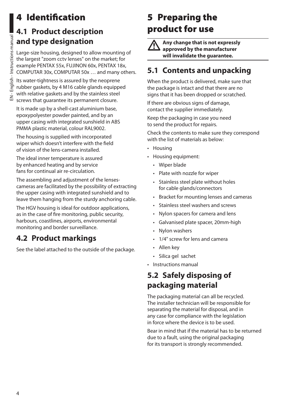 4 identification, 1 product description and type designation, 2 product markings | 5 preparing the product for use, 1 contents and unpacking, 2 safely disposing of packaging material | Videotec HGV User Manual | Page 6 / 44