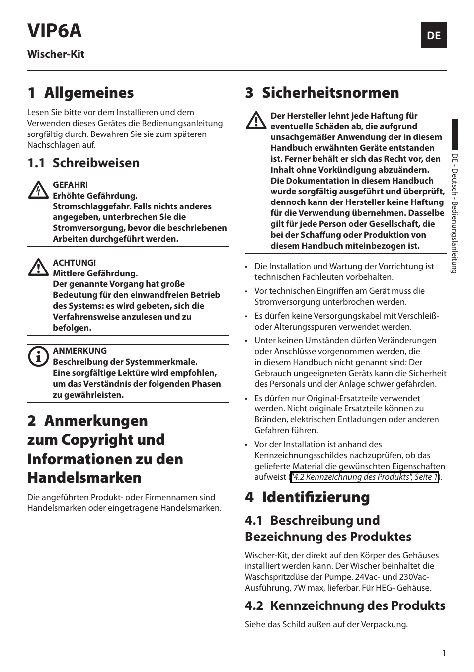 Deutsch, 1 allgemeines, 1 schreibweisen | 3 sicherheitsnormen, 4 identifizierung, 1 beschreibung und bezeichnung des produktes, 2 kennzeichnung des produkts, Vip6a | Videotec VIP6A User Manual | Page 15 / 20