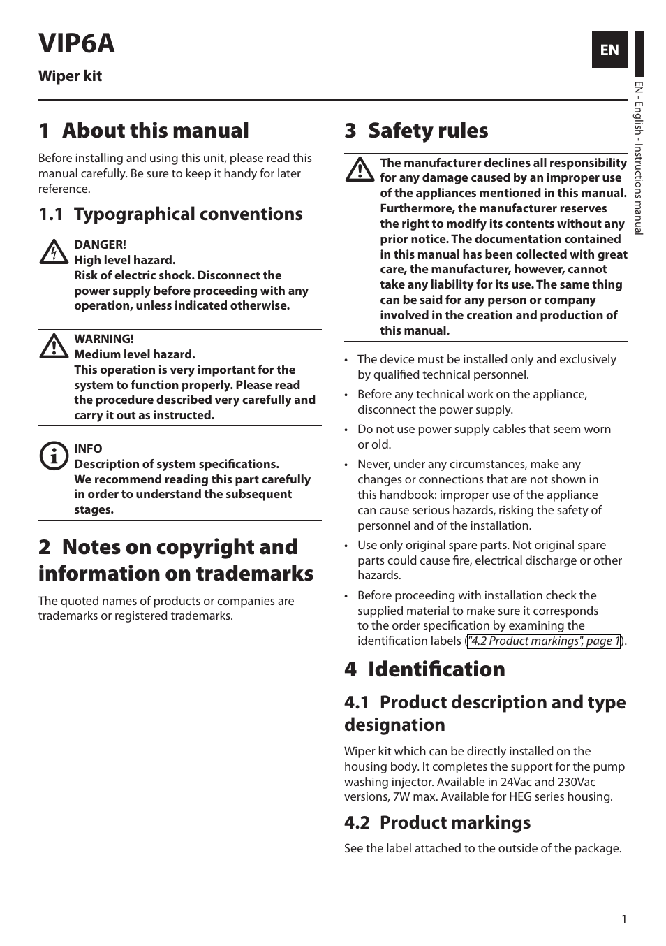 English, 1 about this manual, 1 typographical conventions | 2 notes on copyright and information on trademarks, 3 safety rules, 4 identification, 1 product description and type designation, 2 product markings, Vip6a | Videotec VIP6A User Manual | Page 3 / 20