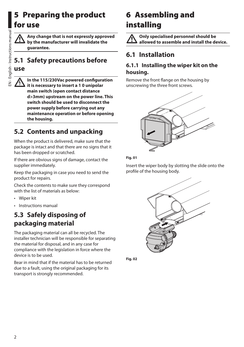 5 preparing the product for use, 1 safety precautions before use, 2 contents and unpacking | 3 safely disposing of packaging material, 6 assembling and installing, 1 installation, 1 installing the wiper kit on the housing | Videotec VIP6A User Manual | Page 4 / 20