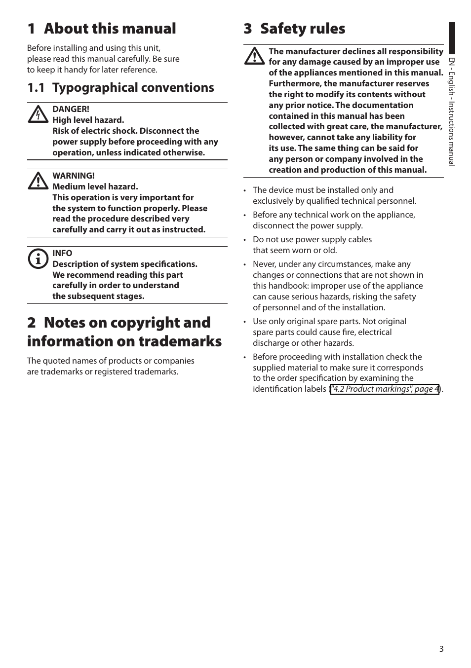 1 about this manual, 1 typographical conventions, 2 notes on copyright and information on trademarks | 3 safety rules | Videotec DBH18 - MEDUSA User Manual | Page 5 / 60