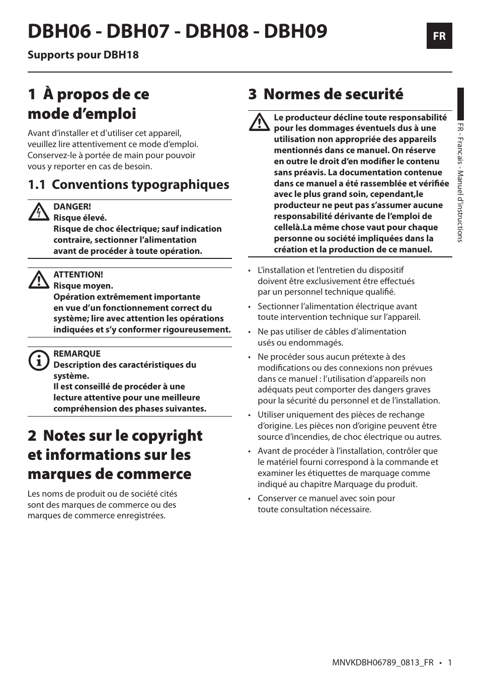 Francais, À propos de ce 1 mode d’emploi, Normes de securité 3 | Videotec DBH18 Brackets User Manual | Page 15 / 28