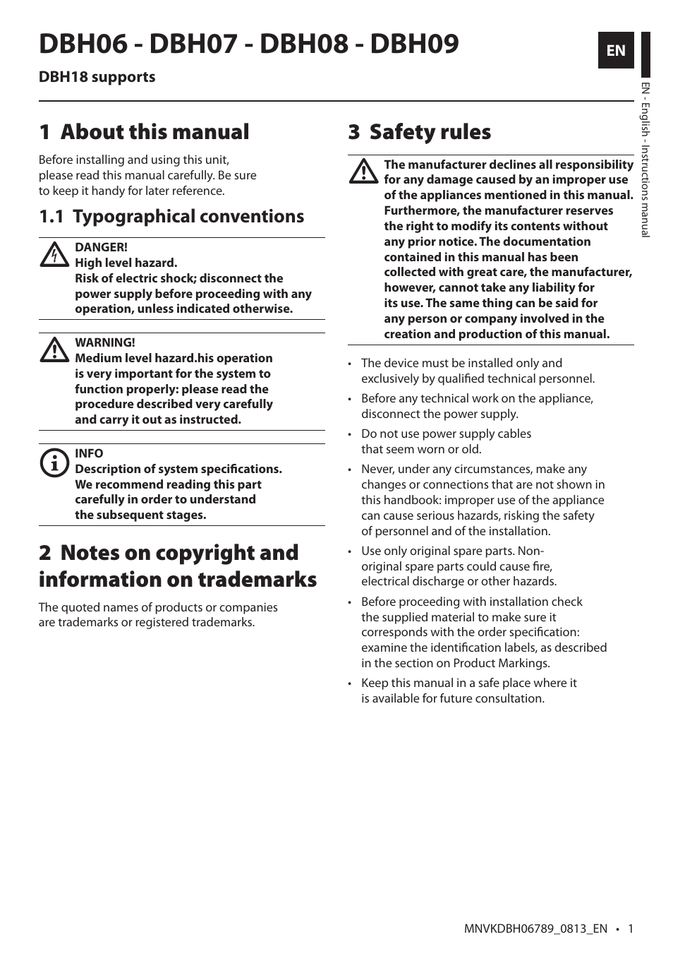 English, About this manual 1, Safety rules 3 | Videotec DBH18 Brackets User Manual | Page 3 / 28