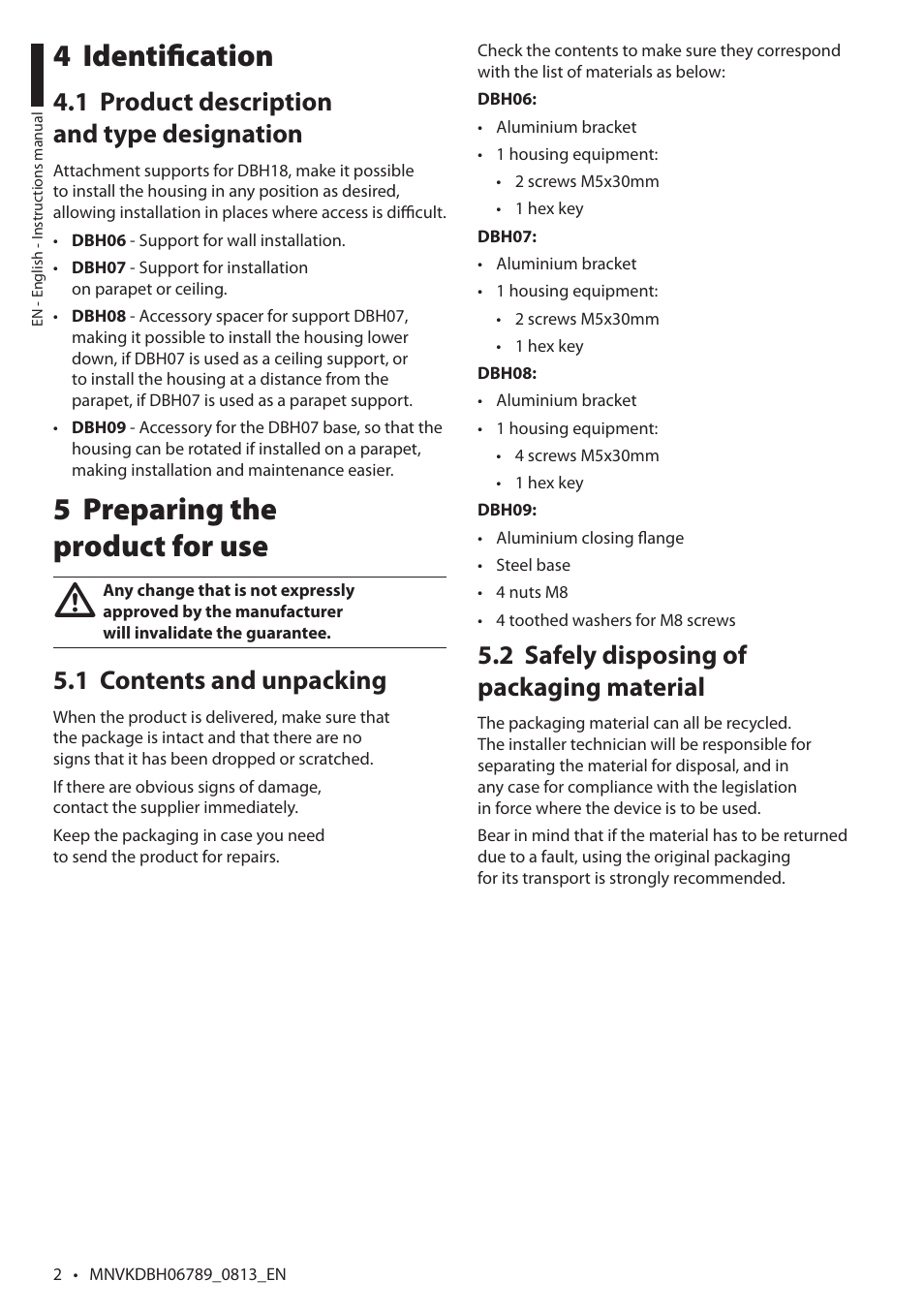 Identification 4, Preparing the 5 product for use, Safely disposing of 5.2 packaging material | Product description 4.1 and type designation, Contents and unpacking 5.1 | Videotec DBH18 Brackets User Manual | Page 4 / 28
