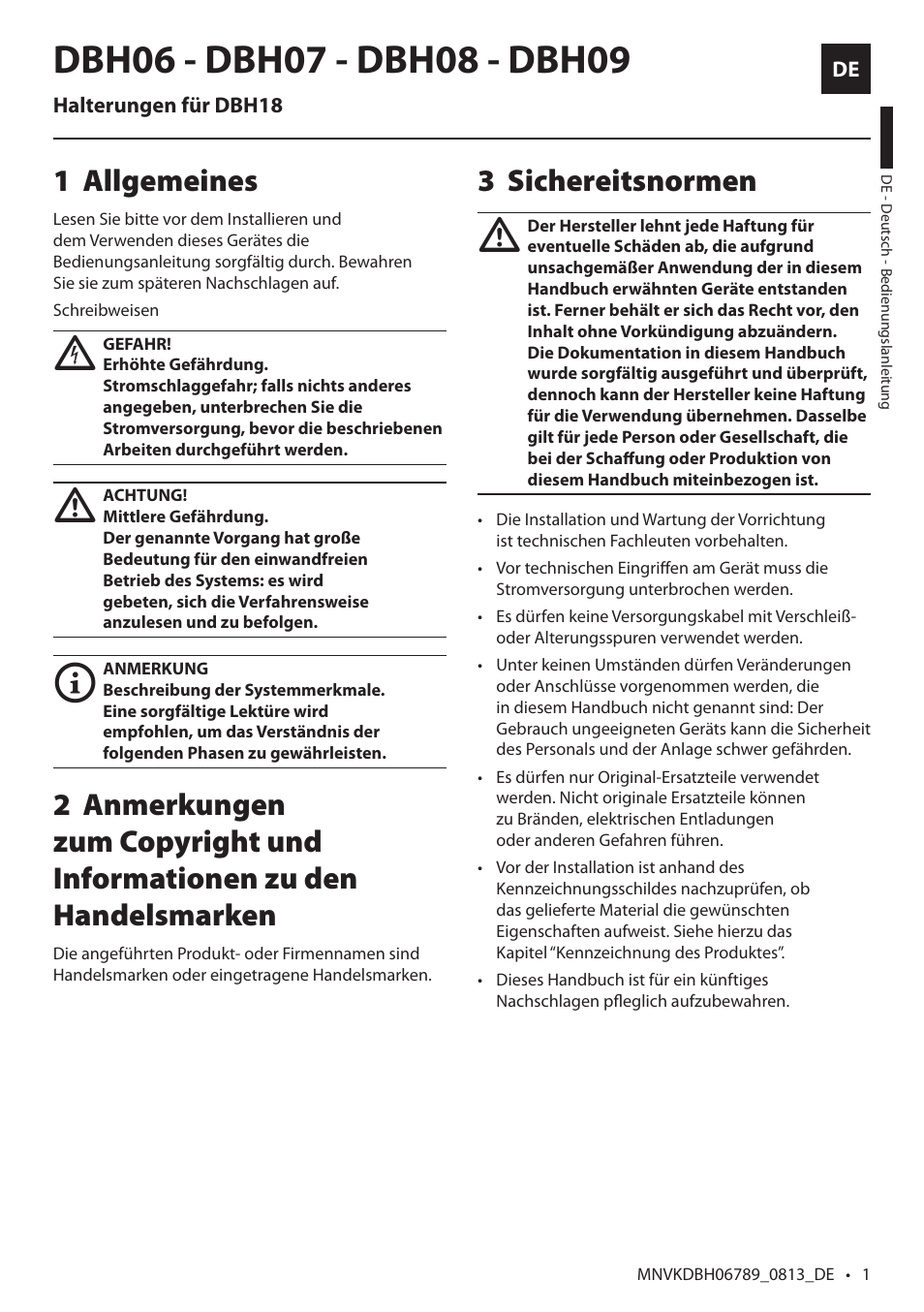Deutsch, Allgemeines 1, Sichereitsnormen 3 | Videotec DBH18 Brackets User Manual | Page 9 / 28