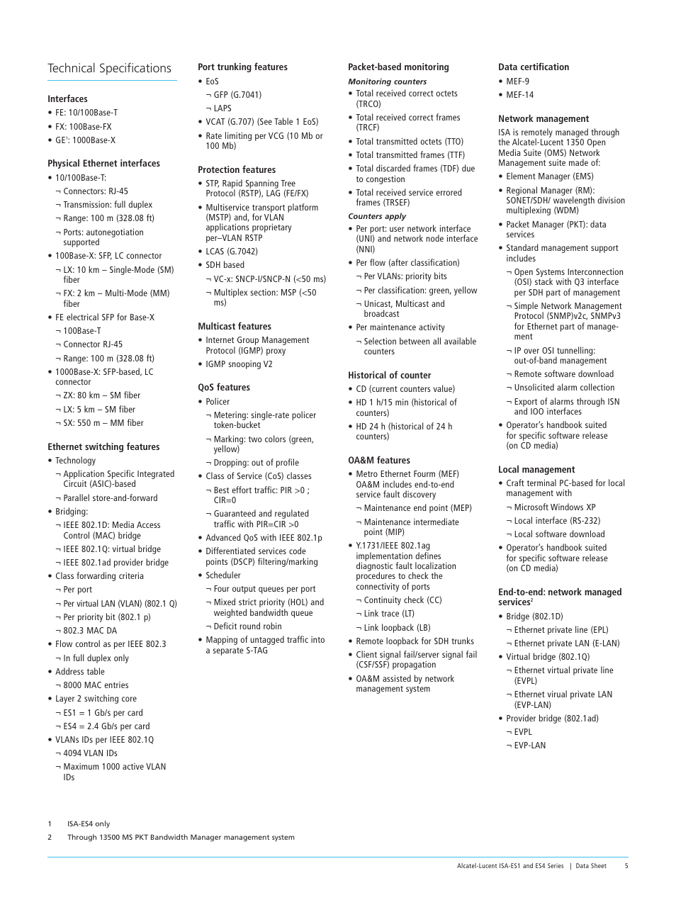 Technical specifications | Alcatel-Lucent ES4 Series User Manual | Page 5 / 6