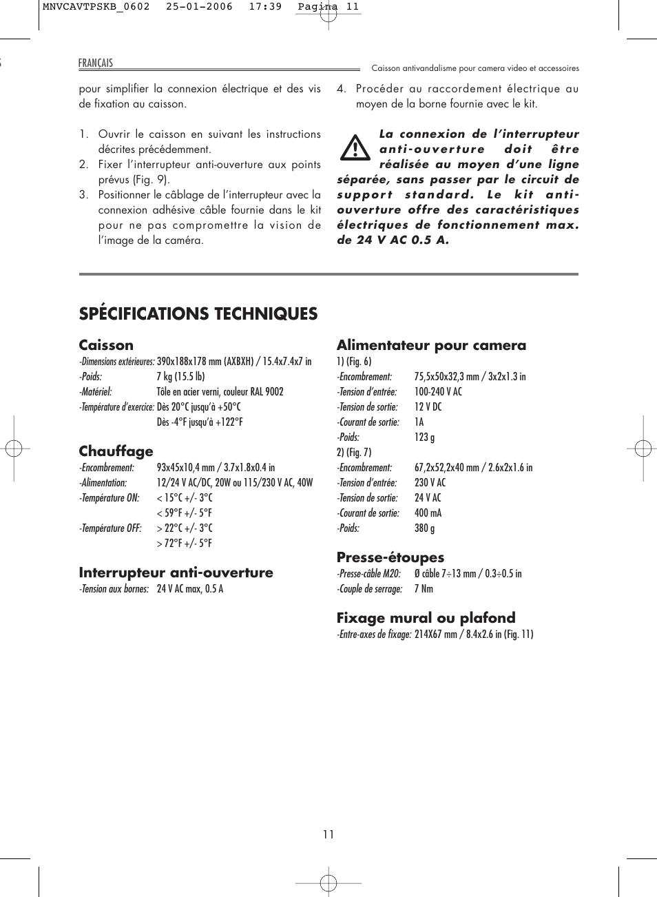 Spécifications techniques | Videotec AVTPSK User Manual | Page 11 / 20