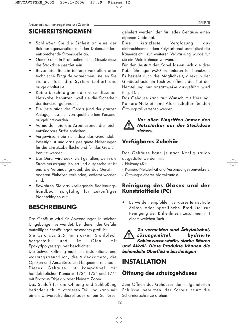 Sichereitsnormen, Beschreibung, Installation | Videotec AVTPSK User Manual | Page 12 / 20