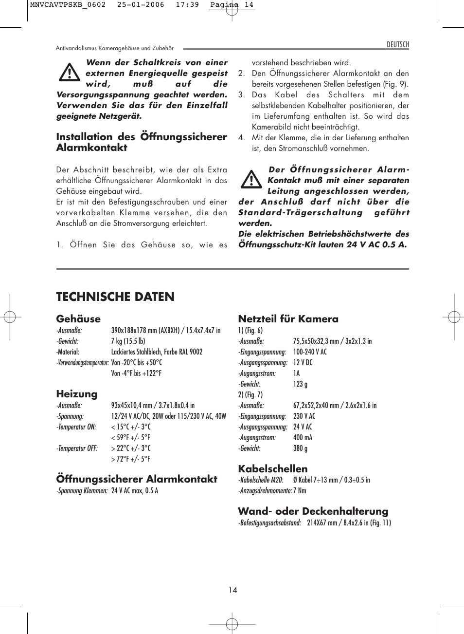 Technische daten | Videotec AVTPSK User Manual | Page 14 / 20